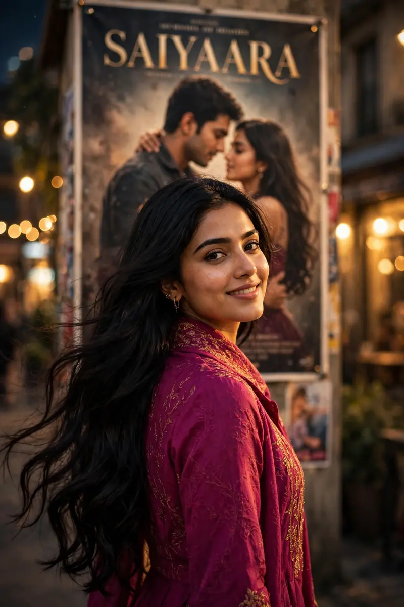 A hyper-realistic cinematic image of a beautiful 20-year-old Indian girl with long, flowing black hair and a radiant smile, standing in front of a
