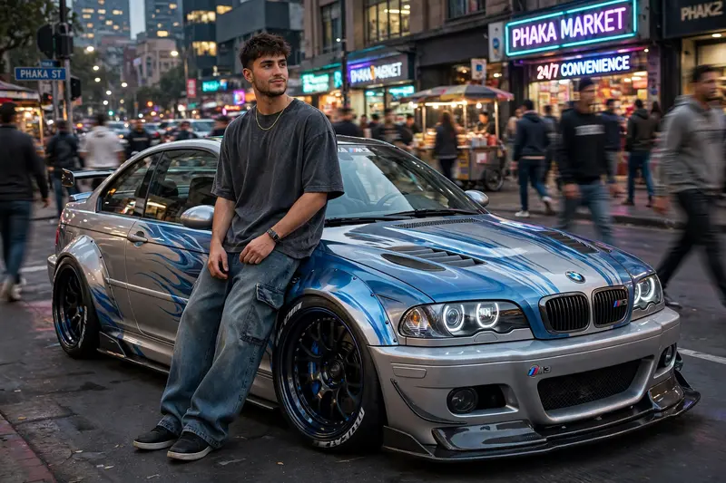 Visualise me as A young man wearing drop shoulder t-shirt and baggy jeans confidently leaning against my customised BMW E46 M3. The car is modified