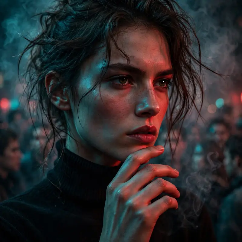 Ultra-realistic cinematic portrait of a girl, close-up composition. Dramatic red & teal split lighting creating high contrast on face & hands Moody