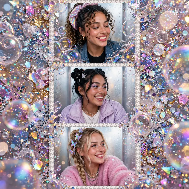 Dreamy glitter-bomb pop collage style scene featuring a photo-booth strip moment with best friends, surrounded by bubbles and sparkle. Frosted window