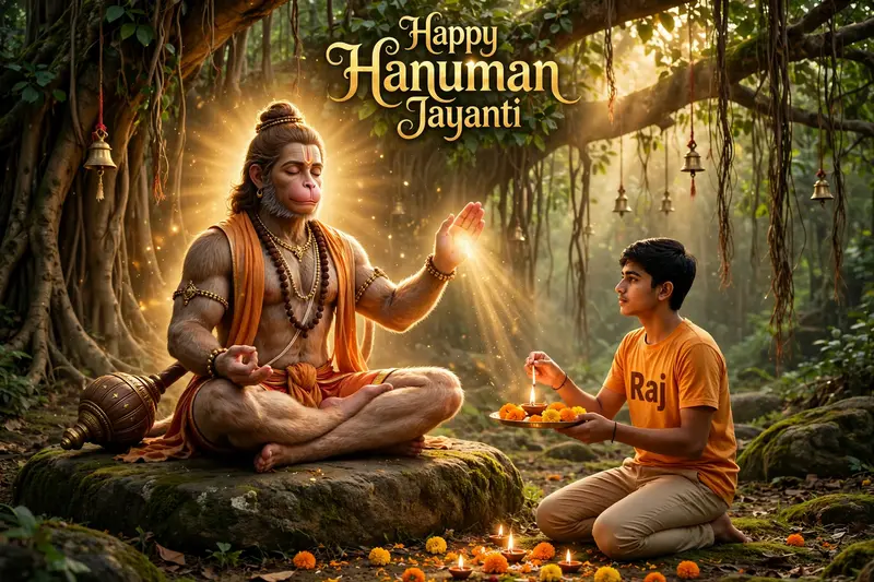 Lord Hanuman meditating on a stone under a banyan tree. An 18-year-old boy kneels, wearing a saffron T-shirt with his name ‘Raj’ clearly printed on