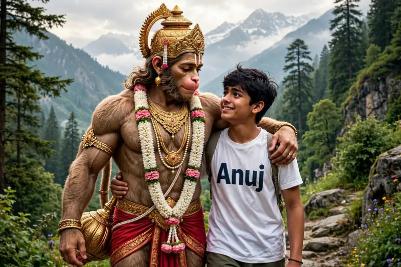 breathtaking image depicts Lord Hanuman and an 18-year-old teenage boy embracing each other warmly as they walk together. The boy wears a white