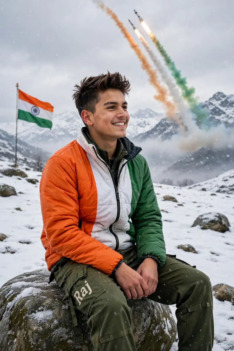 18 Year indian boy sitting on stone in Himalayan snowfield, wearing a tricolor jacket (orange, white, green) and army pants with ‘Raj’ written on it