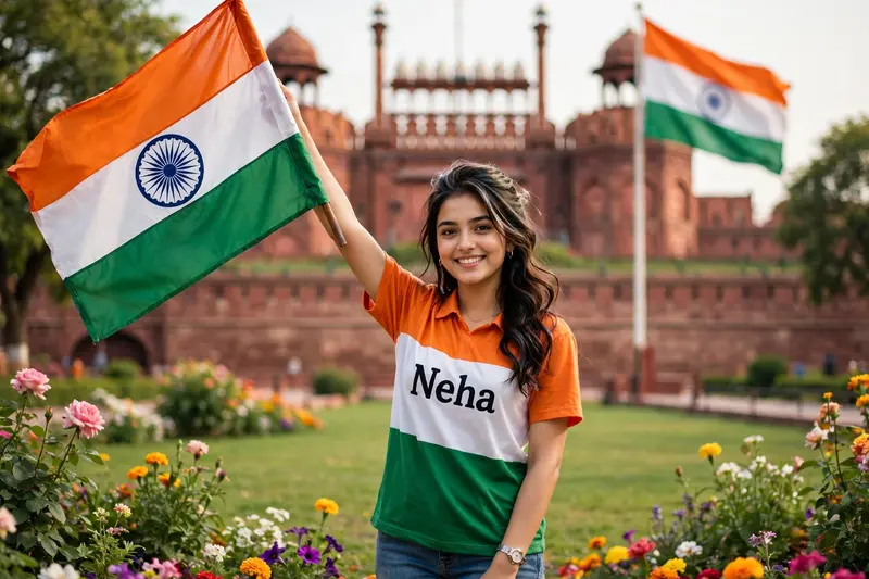 18 year old indian Smart girl stands in beautiful ground, holding the large Indian national flag aloft. she is wears flag colour Shirt with name
