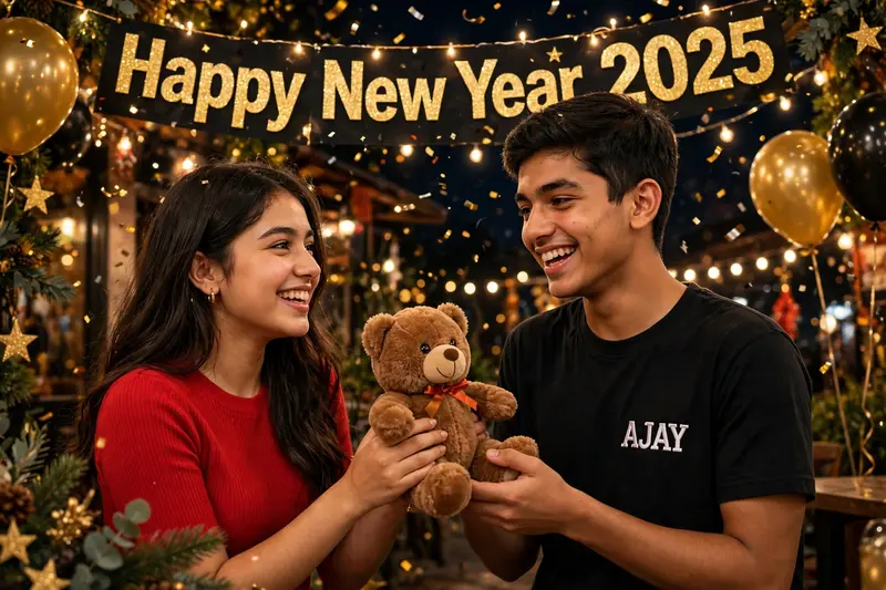 A real couple 18 years old boy and girl both in the joy of new year girl brings teddy bear as a gift for the boy and gives it to the girl and the