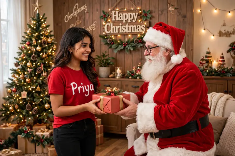realistic a pic of an 18 year Indian old girl wearing a red T-shirt, the name "Priya" is written on the T- shirt, she is wearing black jeans, she is