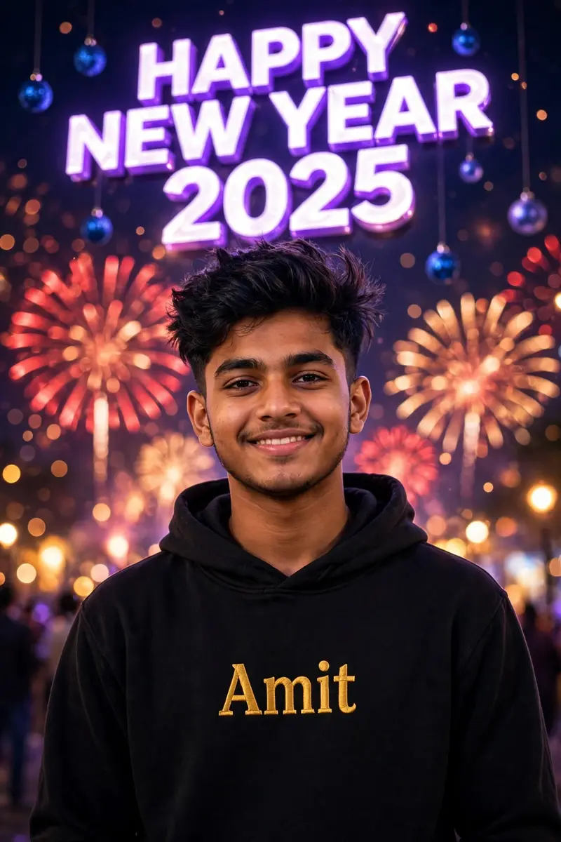 A 18 year old indian boy with styled hair stands confidently with smiles in the center, wearing a Black hoodies and the name Amit" written in hoodie
