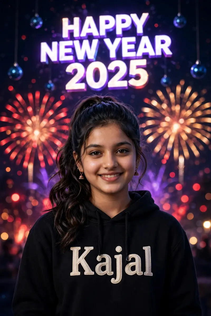 A 18 year old indian girl with styled hair stands confidently with smiles in the center, wearing a Black hoodies and the name Kajal" written on
