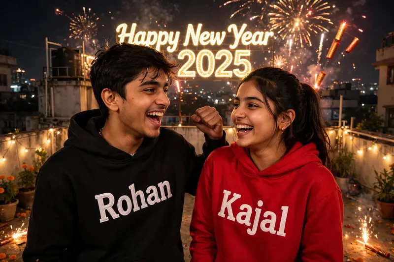 18 Year old young Indian boy and girl standing on roof of home, the boy is wearing Black hoodie with name "Rohan" written on it, girl is wearing red