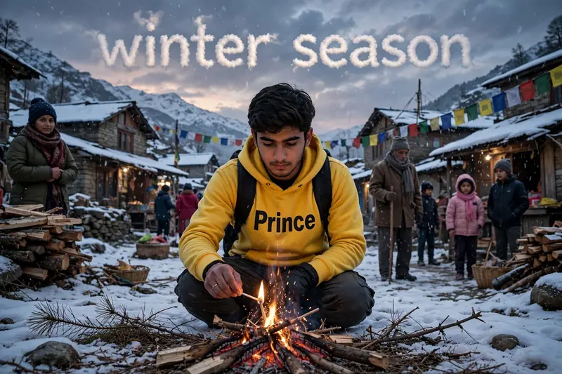 Create a realistic IKAGE of a snowy village in which a 18-year-old Indian boy is wearing a YELLOW hoodie on which the name “Prince” is written in