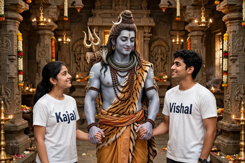 Create a high quality realistic image, in which lord shiva is holding hands of a 20 year old boy and 18 year old girl, both are wearing plain white