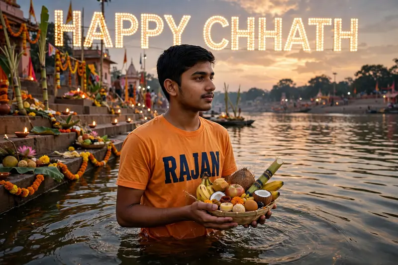 produce a realistic, high-quality image of a 20-year-old boy standing in water with a variety of fruits and sweets in his hand. The boy is wearing a