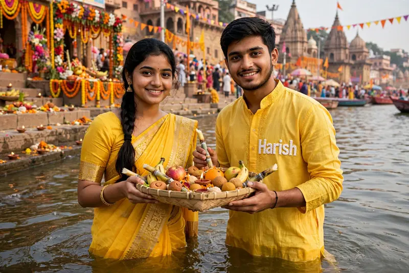 A real 20-year-old Indian girl and boy standing in the water, both holding small sugarcanes, various fruits, and sweets in a Supli .girl is wearing a