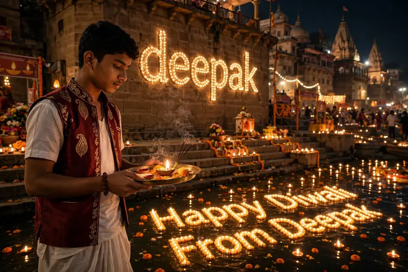 "A cultural scene of an 18-year-old Indian boy named Deepak, wearing a traditional dhoti and a maroon vest, Boy name deepak written in background