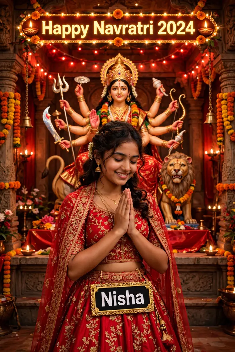 Indian 18 year old girl is standing inside the Durga Mata ji temple and girl is praying and beautiful Durga Mata is behind both of her. girl is