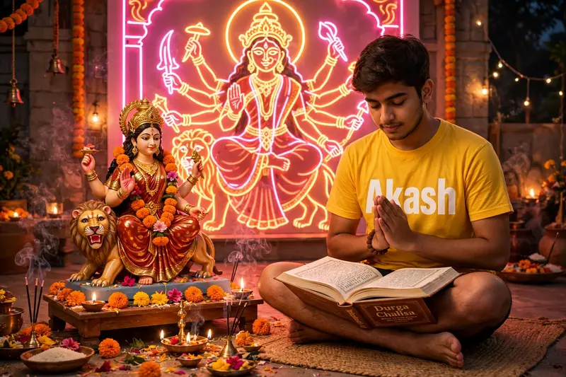 In the picture, there's a realistic 20-year-old Boy sitting barefoot in prayer in front of a Maa Durga idol. He is wearing a yellow shirt with the