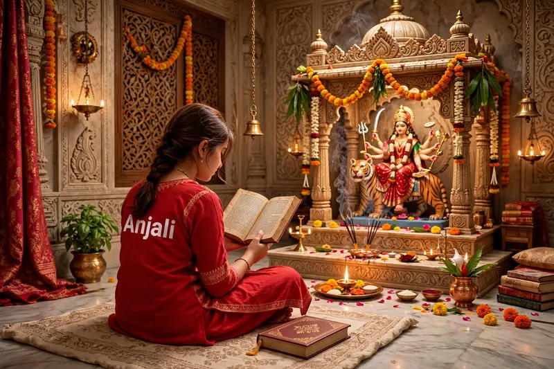 3d illustration of image of 18 year old gir, sitting comfortably on the floor in her puja room, wearing a red kurti with "Anjali" clearly written on