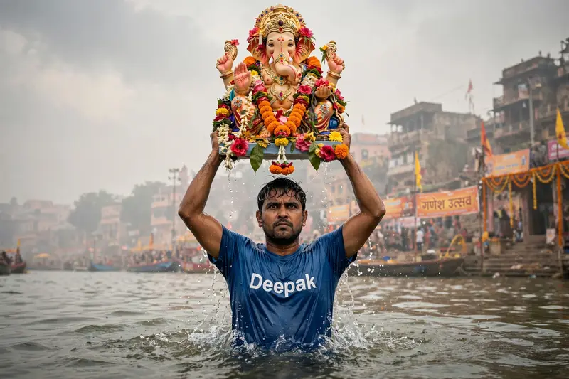 A man named Deepak is standing waist-deep in water, holding a large and colorful statue of Lord Ganesha above his head. The Ganesha statue is