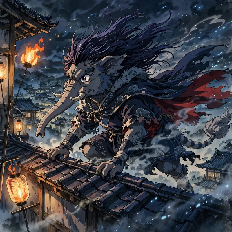 a dream-eater baku prowling the night captured in classic 90s anime OVA style, hair and clothing whipping in the wind. Flickering lantern light casts