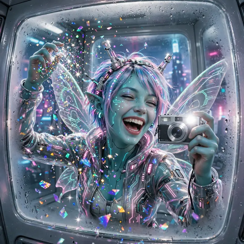 frosted-glass futurism illustration moment with a cyber fairy sprinkling holographic glitter, caught mid-laugh in flash-lit glory. Harsh on-camera