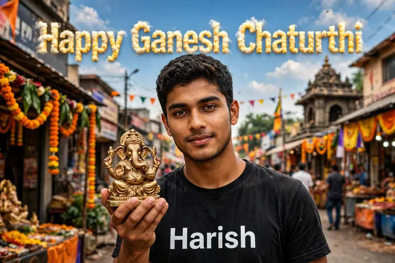Create a Realistic Picture of A 20 year Old Indian Boy Holding a Small Size Lord Ganesh statue in his hand. In Public. “Harish” Clearly is written in