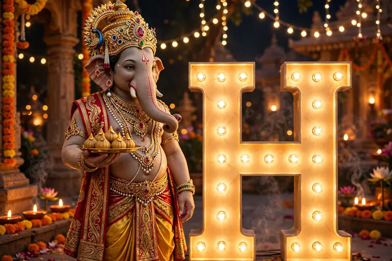 Create an image of a lord Ganesh ji, wearing a golden crown adorned with jewels, He is dressed in a traditional golden yellow dhoti with red and gold