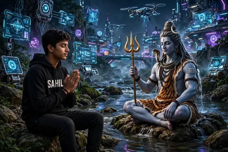 realistic indian 19 Year old cute boy setting on rever is wishing Lord Shiva and lord shiva setting on rever and Has trishul in hear hand and