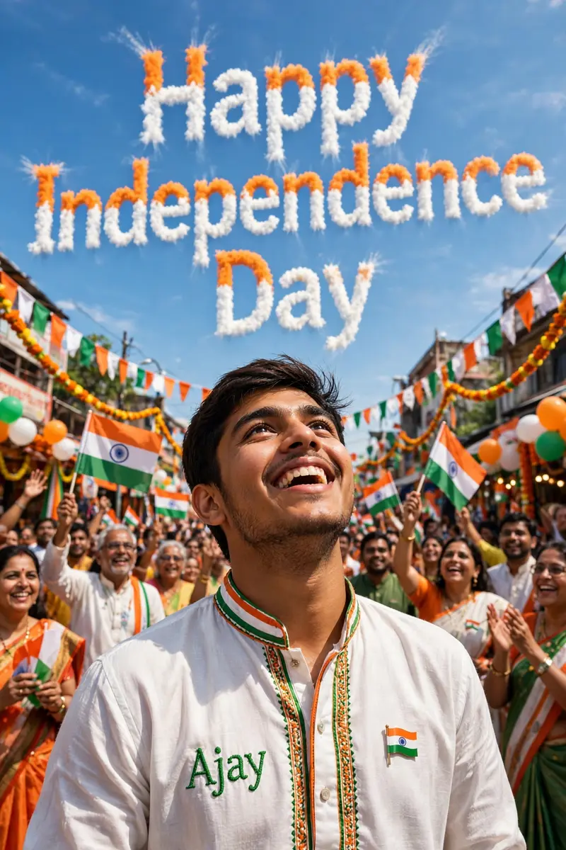 A real 20-year-old boy joyfully celebrates Indian Independence Day. He is wearing traditional Indian outfits with the name "Ajay" written on his