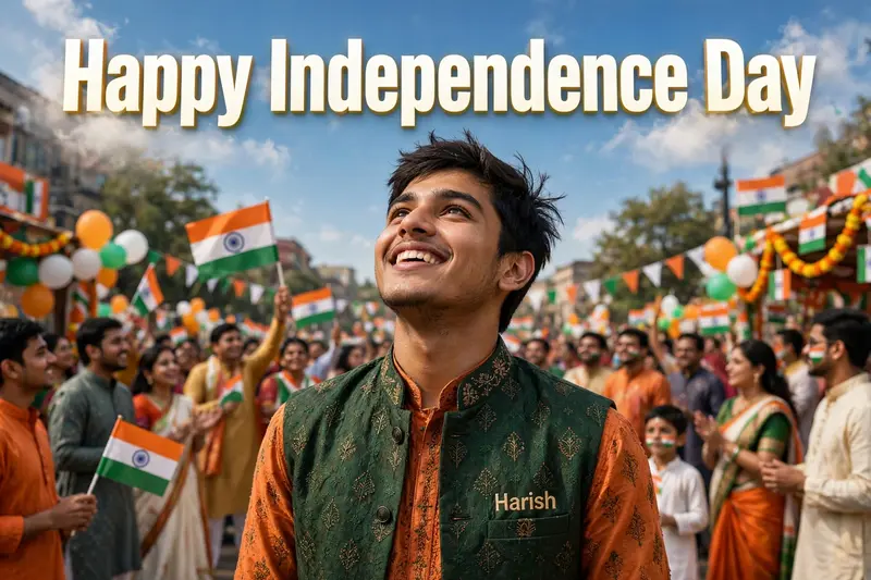 A real 20-year-old boy joyfully celebrates Indian Independence Day. He is wearing traditional Indian outfits with the name "Harish" written on his
