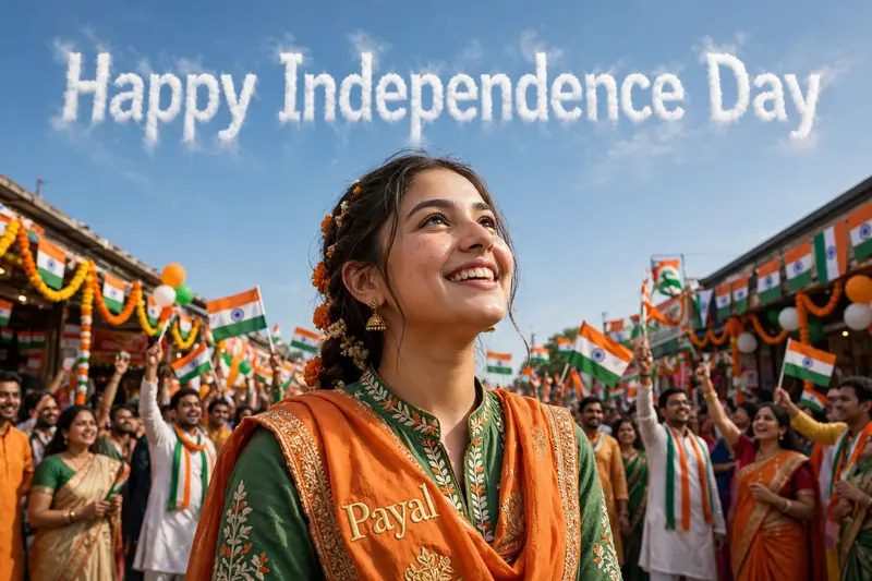 A real 20-year-old girl joyfully celebrates Indian Independence Day. she is wearing traditional Indian outfits with the name "Payal" written on her