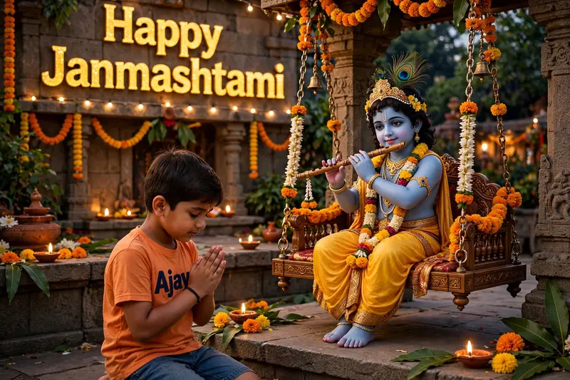 create a 3D realistic picture "A boy is worshiping Shree Krishna and Shree krishna is sitting on a swing and playing flute and "Ajay" is written on