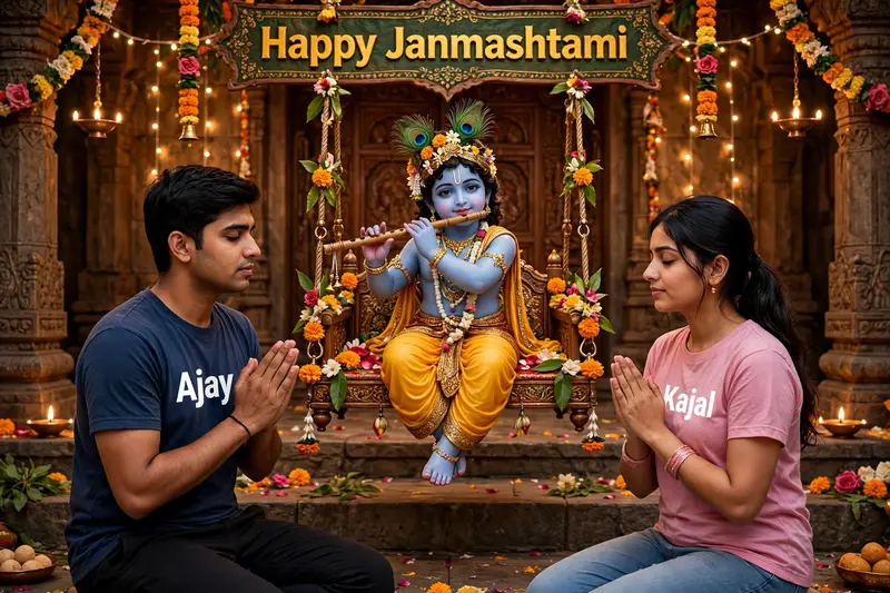 create a 3D realistic picture "20 year old couple is worshiping Shree Krishna and Shree krishna is sitting on a swing and playing flute and Boy