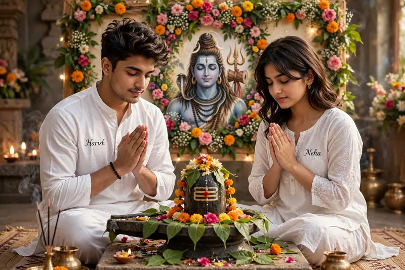 A young couple, both 20 years old, are seated and praying in front of a Shivling adorned with flowers and belpata (green leaves). Behind them