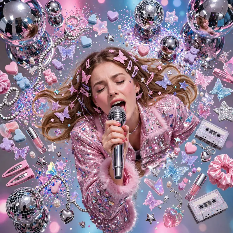 Glossy glossy Y2K digicam aesthetic composition of a karaoke singer belting into a chrome mic, chrome and glitter everywhere. Chrome-ball studio