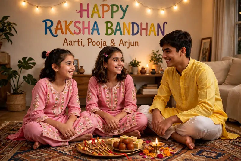 Two young sisters, ages 10 and 12, are celebrating Raksha Bandhan with their 15-year-old brother. The girls wear matching pink salwar kameez outfits