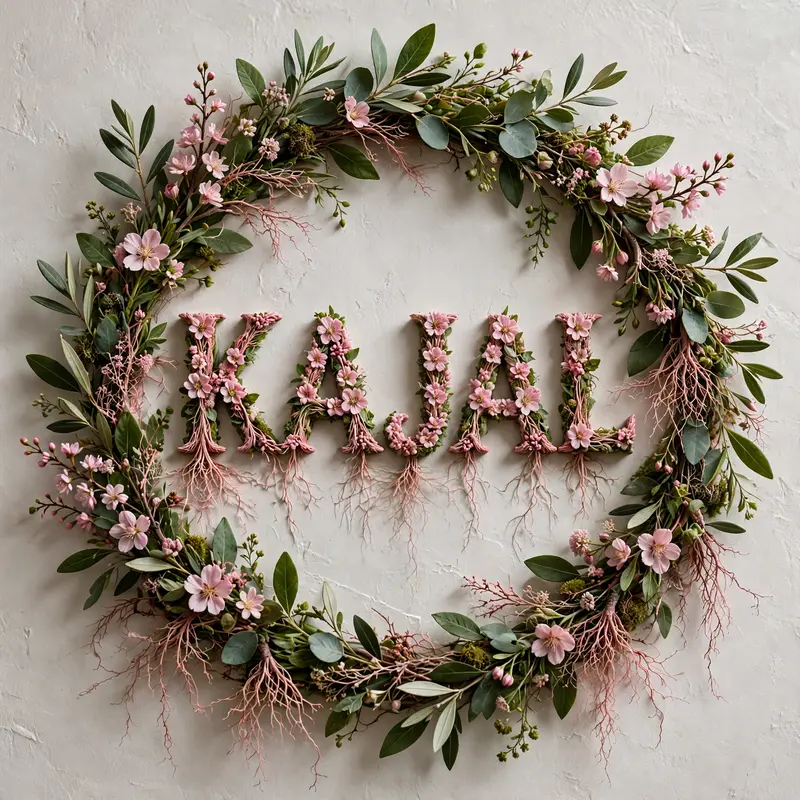 a close up of a wreath with green leaves and pink flavours roots, and the word "KAJAL" clear written in 3d latters on wall, satisfying render, high