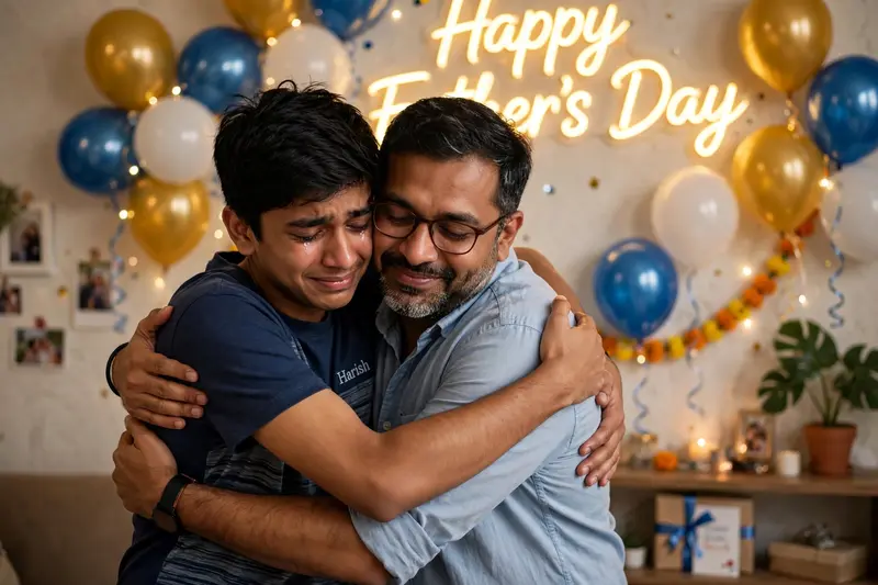 Create a realistic high-quality image of an 18-year-old Indian boy named "Harish" hugging his 40 year old father, emotional seen, father's day