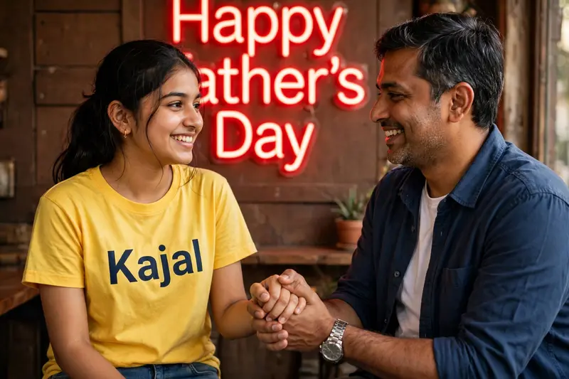 Create a realistic picture of an 18-year-old Indian girl holding her father's hand. Both look happy. The girl is wearing a "Yellow" T-shirt. The
