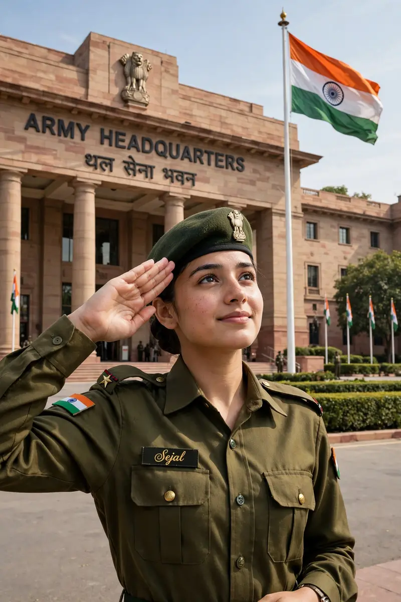 A 20 years old girl Wearing Indian Army Uniform And Salute his Country India Flag and the name written on his Uniform is "Sejal" in beautiful fonts