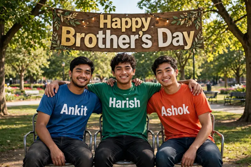 18 years old three boys sitting on chair at beautiful park and putting their hand on each other , they are wearing Colored T-shirts on which Name