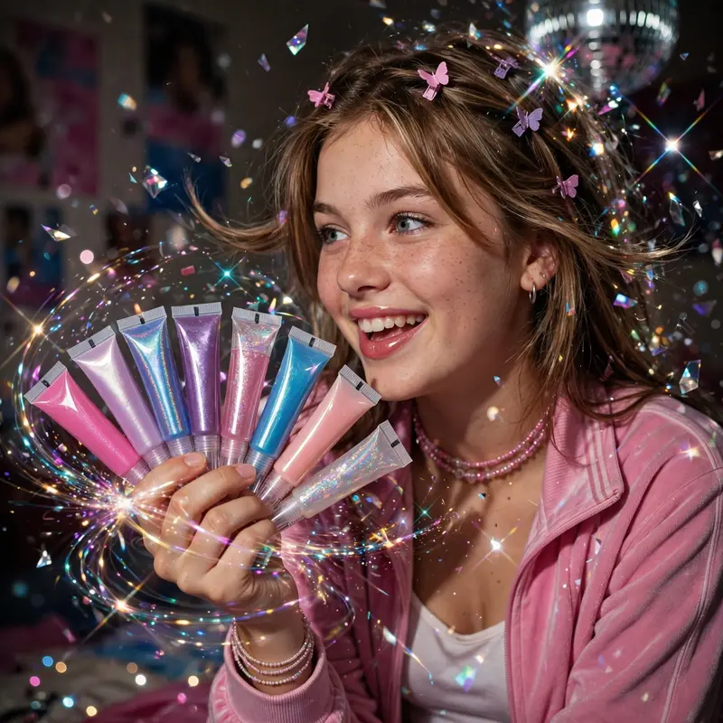 a lip-smacker collector fanning out gloss tubes in early-2000s teen magazine photography, frozen in a flash of early-2000s magic. Disco-ball light