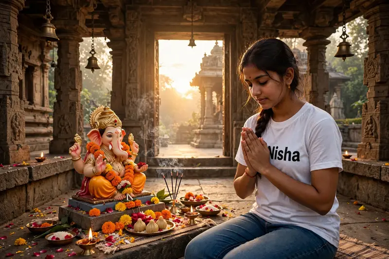 create realistic high quality image where a 20 year old Indian Girl sitting & praying ahead to Ganesh ji, Girl wearing white t-shirts on which name