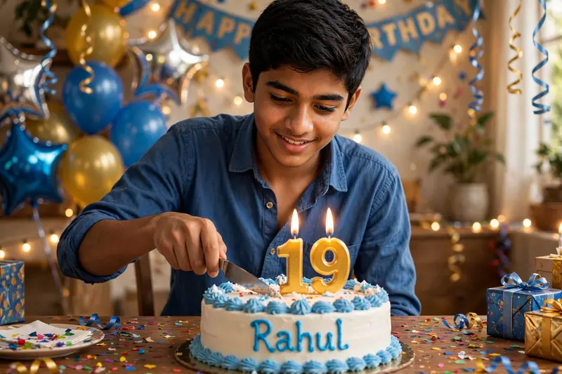 Create a 3d image in which a Indian teenager boy cutting Cake wearing blue color shirt with Name "Rahul" is written clearly on the Cake and 19 year