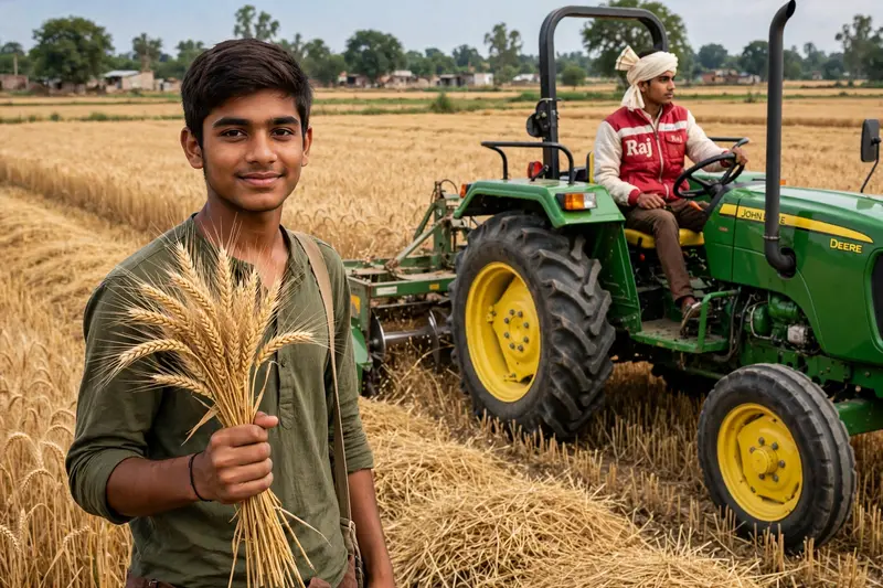 Create 3D realistic image of an 18 year old Indian boy standing in front with wheat in his hand, another driving a John Deere tractor and he cuts