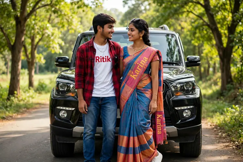18 years old couple standing in beautiful rod with stylish pose, with eyes to eyes contact with romantic smile, with black Skorpio car. Boy wearing