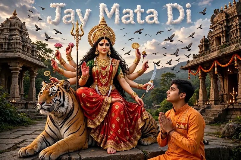 create high quality ultra realistic 3d Image, close up shoot Maa Durga sitting on her tiger,A 20 year old barefoot boy worshiping Maa Durga, boy