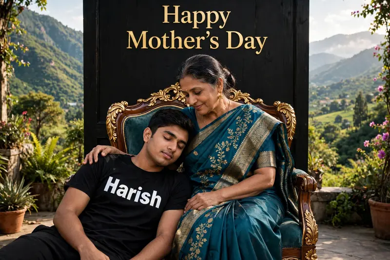 a scene: a woman in her 50s elegantly draped in a saree sits on a regal chair, a young man in his 20s reclining on her lap. Behind them, "Happy