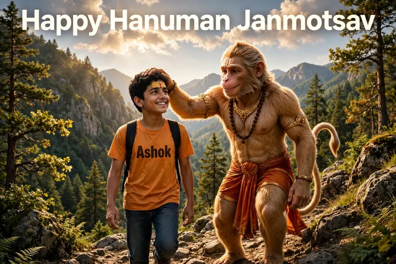 18 years old boy walking and hanuman coming after him and hanuman's hand putting on Boy head on mountains. Both are smiling. boy is wearing saffron