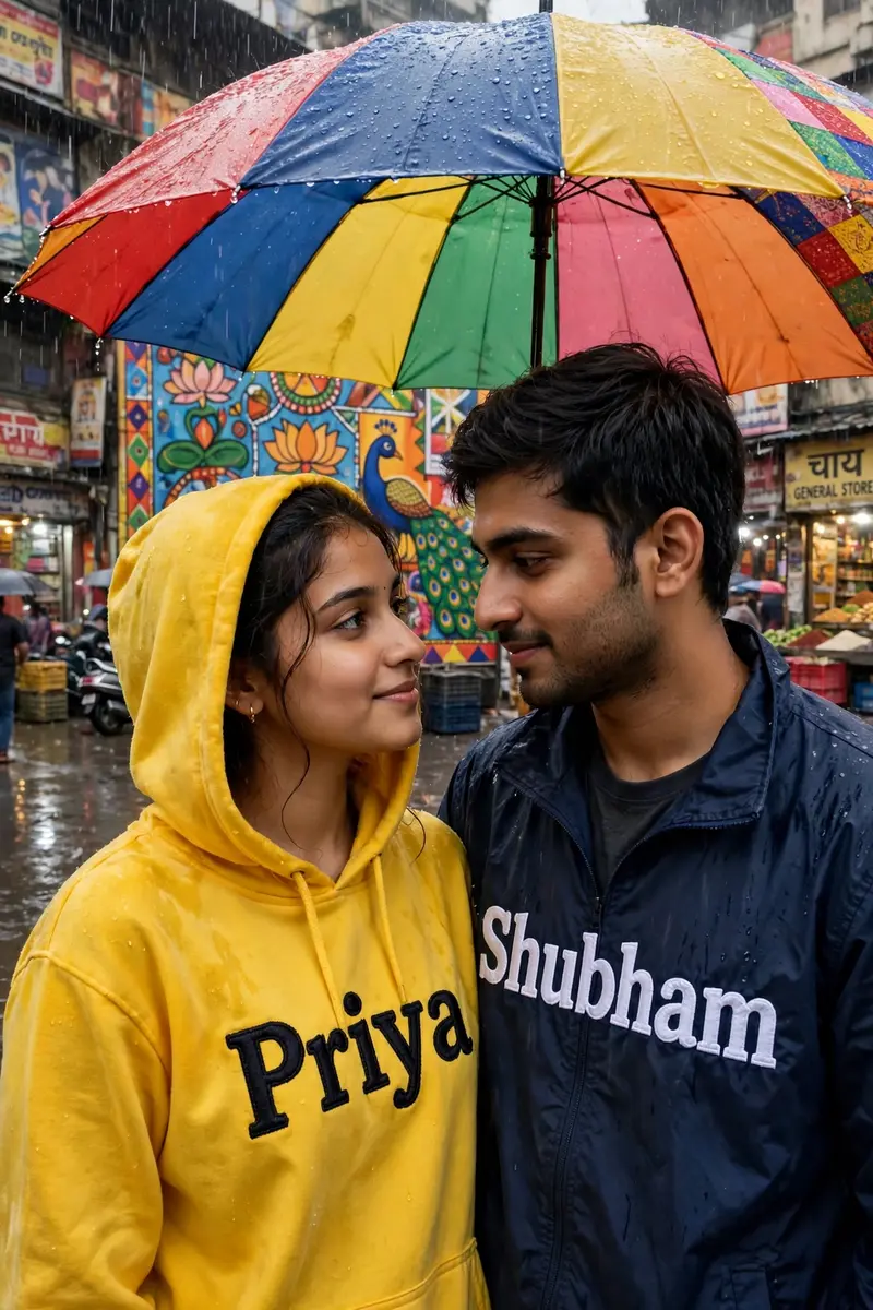 A young Indian couple, Aadhya (22) and Rohan (24), standing under a colorful umbrella, gazing into each other's eyes, as the rain gently falls around