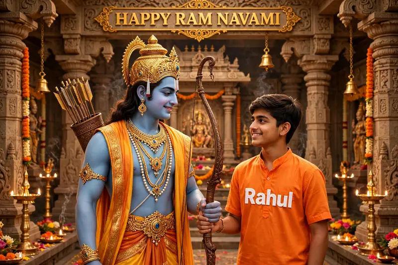 create a high quality realistic image, in which beautiful lord Rama carrying bow is holding hand of a 23 year old boy, the boy is wearing saffron